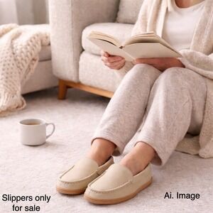 NEW MySlippers by MyPillow Leather Moccasin Slippers Women 8 Memory Foam Beige